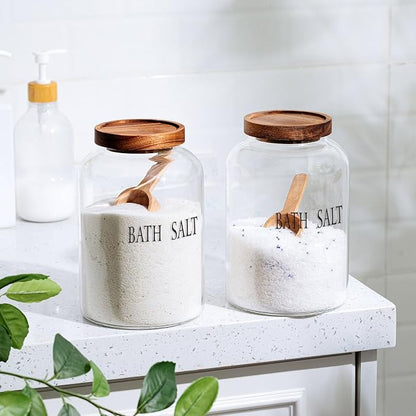 SiliFine 1 Sets 74 oz Glass Bath Salts Jar with Wooden Scoop and Lid, Bath Salt Container for Bathroom Organizers and Storage, Bathtub Accessories for Women Bathroom, Home Decor