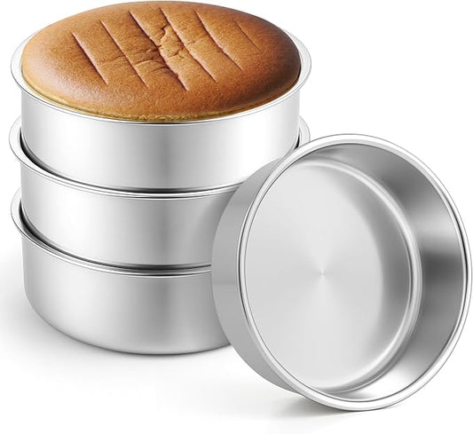 Leonyo 8 Inch Cake Pan Round 4 Pack, Stainless Steel 8Inch Round Cake Pans Tins Set for Baking, Metal Circle Layer Tin for Birthday Wedding Party, Dishwasher Oven Safe