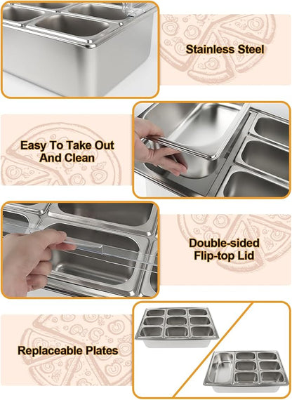 Pizza Topping Station Stainless Steel Spice Organizer Salad Bar Buffet Station with Spoons Ice Boxes Buffet Containers Set for Sauce Jam Ingredient Kitchen Restaurant Pantry