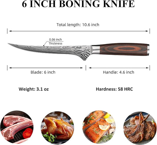Sunnecko Boning Knife with Pakkawood Handle,6 inch High Carbon German Stainless Steel Fillet Knife for Meat and Poultry