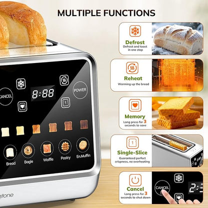 Keenstone 4 Slice Touch Screen Toasters with Wide Slot, 1400W Stainless Steel Smart Toaster for Bagels, Waffles, Muffin - Timer, Defrost, Reheat & Memory Function, Family Breakfast Toaster