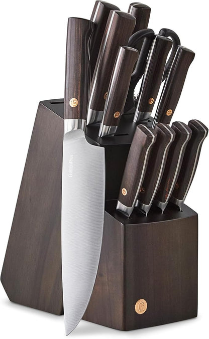 GreenPan Elite 13 Piece Wooden Knife Block Set, Professional Stainless Steel Blades with Titanium Coating, Ultra-Sharp Kitchen Cutlery, Chef, Santoku, Bread & Steak Knives, Ergonomic Brown Wood Handle