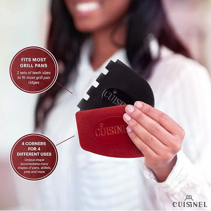 Cuisinel Cast Iron Chain Mail Scrubber + Cleaning Brush + Pan & Grill Scrapers - The Ultimate Skillet and Grill Cleaner Kit - Soft-Touch Confident-Grip Dish Scrub Tool - Silicone/Stainless Accessories