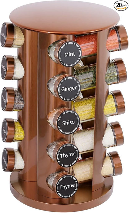 New England Stories Revolving Spice Rack Set with 20 Spice Jars, Kitchen Spice Tower Organizer for Countertop or Cabinet - Carousel Storage Includes 386 Spice Labels (Gold)