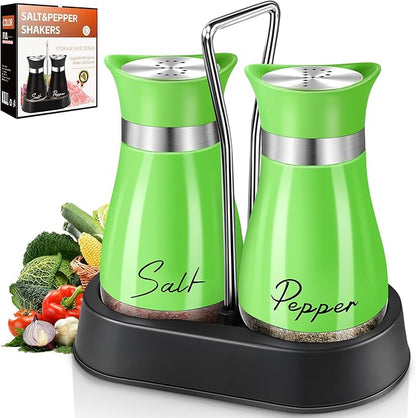 Salt and Pepper Shakers Set, 4 oz Stainless Steel Salt Shaker, Farmhouse Salt Pepper Shaker Containers with Glass Bottom for Kitchen Gadgets Cooking Table, BBQ, Bar, RV, Camp (Green)