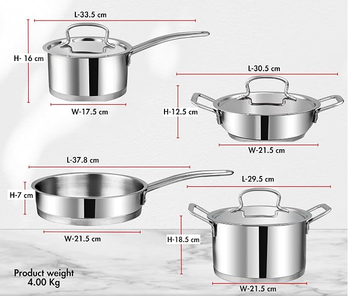 Vinod Classic Deluxe Stainless Steel Cookware Combo Set of 4 Pcs/Saucepan, Saucepot, Kadai and Frypan/Deep Kadhai for Cooking/Heavy Induction Bottom