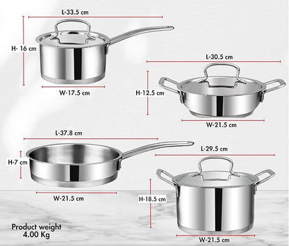 Vinod Classic Deluxe Stainless Steel Cookware Combo Set of 4 Pcs/Saucepan, Saucepot, Kadai and Frypan/Deep Kadhai for Cooking/Heavy Induction Bottom