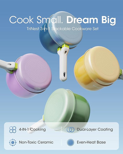 Ceramic Non Stick Sauce Pan, 2.5QT Saucepan with Frying Pan as Lid, Steamer Pot for Cooking, Induction Cookware Set, PTFE, PFOA & PFAS Free, Drak Blue