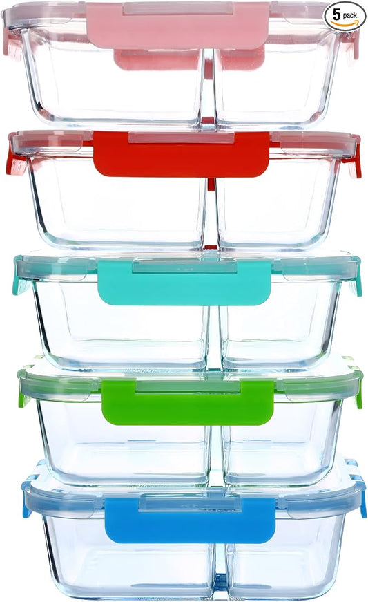 5 Pack 30oz Glass Meal Prep Containers - 2 Compartment Glass Food Storage Containers with Lids, Airtight Bento Boxes, Oven, Freezer & Dishwasher Safe