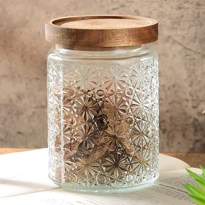 Vintage Glass Jars with Wooden Lids, 4 Pack 24 oz Airtight Glass Food Storage Containers Sets for the Kitchen, Sugar Coffee Candy Spice Cookie Tea Pasta