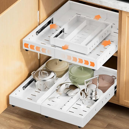 Pull out Cabinet Organizer Expandable W(12"-20") and D(16"-22"), No Drill Adjustable Slide Out Drawers With 3 Slide Rails, 2Pcs Magnetic Panel, Adhesive Roll out Shelves for Kitchen, Cabinets, Pantry