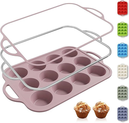 Socisen 12 Cups Silicone Muffin Pan with Metal Reinforced Frame Regular Size Cupcake Pan Tray Egg Bites Silicone Cookie Molds Muffin Tin Best Baking Pans Tart Pan Sheet Set Reusable Cupcake Liners