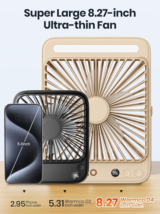 Warmco 20000mAh Battery Powered Fan, 8-Inch Ultra-Slim Portable Camping Fan with LED Lantern, Up to 48H Runtime Rechargeable Desk Fan for Bedroom, Outdoor, Tent, Travel, Cruise Ship Essentials