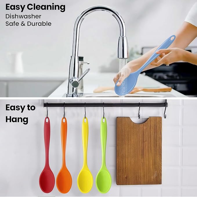 GEEKHOM Silicone Cooking Spoons, 4 Pieces 11" Heat Resistant Silicone Kitchen Utensils Set Large Serving Stirring Spoons for Non Stick Cooking, Mixing, Basting, Baking, Red+Green+Yellow+Orange