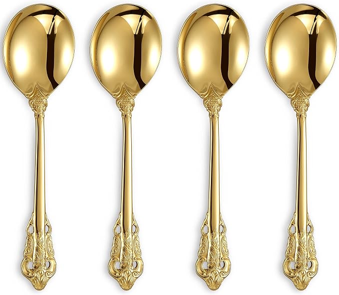KEAWELL Gorgeous Round Soup Spoon, Set of 4, 18/10 Stainless Steel, Luxury Bouillon Spoon, Dishwasher Safe, Fine Mirror Polished (Gold)