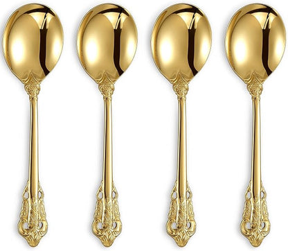 KEAWELL Gorgeous Round Soup Spoon, Set of 4, 18/10 Stainless Steel, Luxury Bouillon Spoon, Dishwasher Safe, Fine Mirror Polished (Gold)