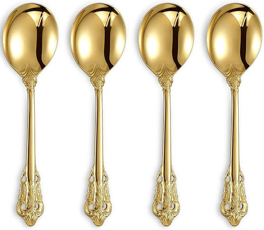 KEAWELL Gorgeous Round Soup Spoon, Set of 4, 18/10 Stainless Steel, Luxury Bouillon Spoon, Dishwasher Safe, Fine Mirror Polished (Gold)
