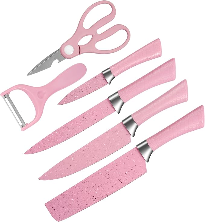 TJ POP Kitchen Knife Set with Peeler and Scissors, 6 PCS Rustproof Sharp Chef Knives Set with Food Grade Non-Stick Coated Stainless Steel Blades, Cute Pink Knife Set for Home Restaurant Camping BBQ