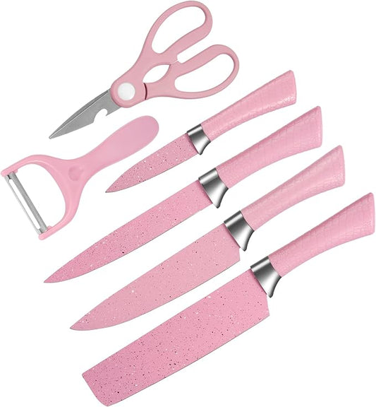 TJ POP Kitchen Knife Set with Peeler and Scissors, 6 PCS Rustproof Sharp Chef Knives Set with Food Grade Non-Stick Coated Stainless Steel Blades, Cute Pink Knife Set for Home Restaurant Camping BBQ