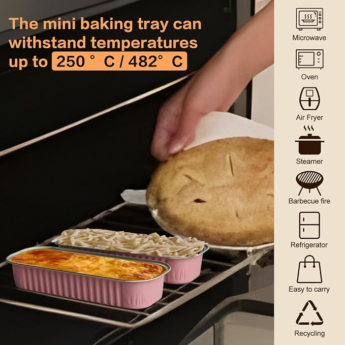 50 Pack Mini Cake Pans with Lids and Spoons, Mini Loaf Baking Pans 6.8oz, Small Disposable Aluminum Foil Loaf Pans, Rectangular Baking Containers for Party and Picnics, Cheesecake Pans (Pink)