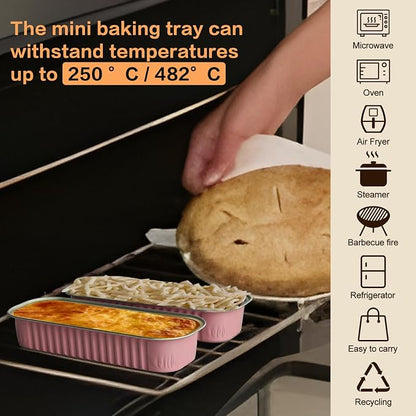 50 Pack Mini Cake Pans with Lids and Spoons, Mini Loaf Baking Pans 6.8oz, Small Disposable Aluminum Foil Loaf Pans, Rectangular Baking Containers for Party and Picnics, Cheesecake Pans (Pink)
