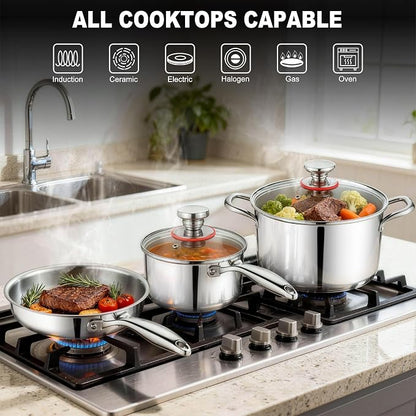P&P CHEF 3-Ply Stainless Steel Cookware Set of 6, 10-Pieces Pots and Pans Sets Stainless Steel for Kitchen, Induction Multi Cooktops & Oven, Dishwasher Safe, Frying Pans, Saucepans, Saute Pan & Pot