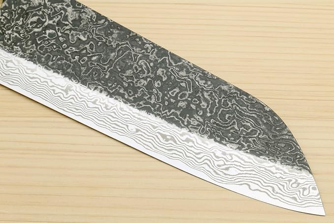 Yoshihiro Black-Forged High Performance SLD Damascus Steel Santoku Multipurpose Knife (7'' (180mm), Ironwood Handle) (With Saya)
