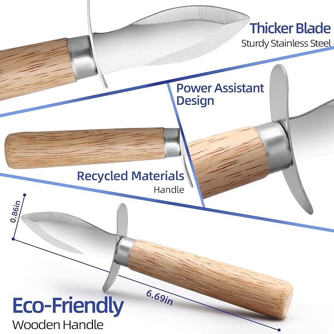 Oyster Shucking Knife Wood Handle Shucker Opener Tools and Cut Resistant Level 5 Protection Gloves Set Seafood Kit(1cloth+1lemon squeezer)