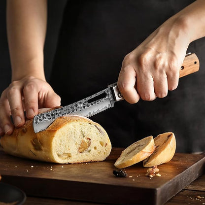 SENBON Forged 440A Stainless Steel pocket folding Bread knife Natural Olive Handle Camping trip Outdoor Portable Serrated knife