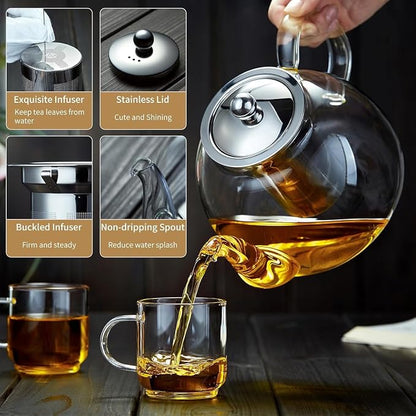 DOPUDO 24 Pack 40OZ (1200ML) Glass Teapot with Infuser Stovetop Safe, Clear Glass Tea Pot Kettle, Borosilicate Tea Pot with Infusers Filter for Loose Tea, Tea Kettle Dishwasher Safe