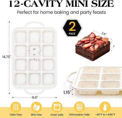 Vinino Silicone Brownie Pan with Dividers, 2 Pack Mini Loaf Pan for Baking Individual, Nonstick 12 Cups Square Muffin Cupcake Pans with Metal Reinforced Frame-Cream