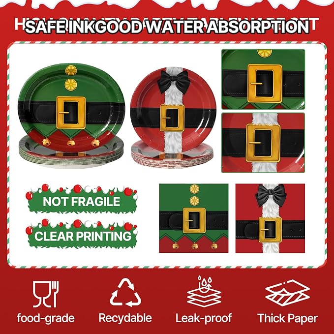 100 PCS Christmas Paper Plates and Napkins | Bundle Includes Paper Oval Dinner Plates and Napkins for Christmas Party Supplies
