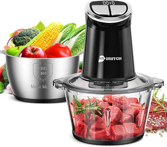 IRIITCH Food Processor with LED Timer, 800W Electric Chopper with 2 Bowls (12-cups Glass Bowl+12 cups Stainless Steel Bowl), 2 Set 6 Bi-Level S-Blades, Meat Grinder for Nuts, Onion, Garlic, Baby Food