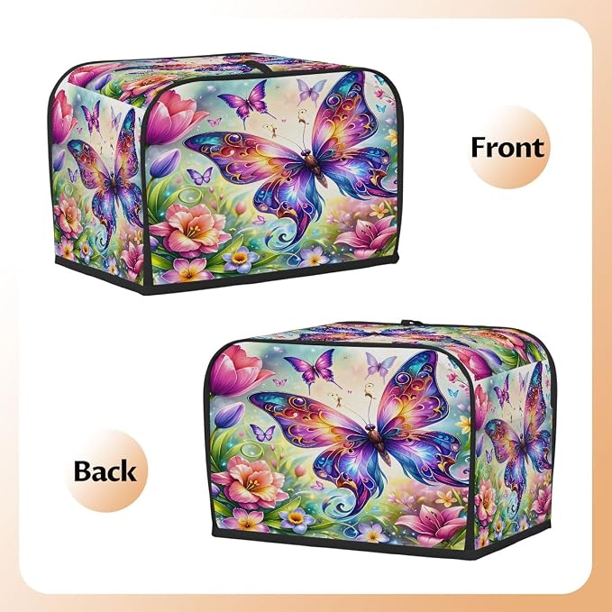 Spring Butterfly Flower Toaster Cover 4 Slice Wide Slot Washable Kitchen Appliance Covers Fingerprint Bread Machine Dust Cover Small Toaster Oven Accessories Covers Bread Maker Bag Women Gift