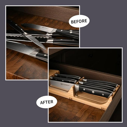 In-Drawer Knife Block with 5 Pieces Knives, Bamboo Knife Drawer Organizer for Kitchen, Perfect for Home and Chefs, Premium Knife Holder, Slots for 5 Knives Kitchen Drawer, Counter Top