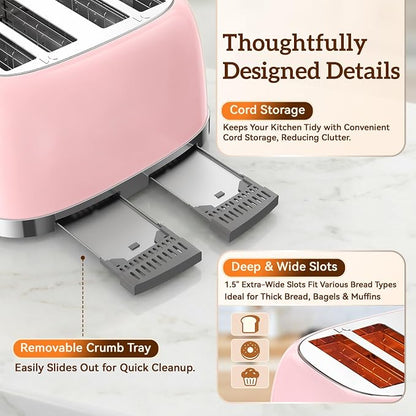 RONGBEST Retro Toaster 4 Slice with Stainless Steel Wide Slot Touchscreen for Family Breakfast, Reheat & Defrost, 6 Browning Levels for Bagel & Bread, Removable Crumb Tray, Blush Pink