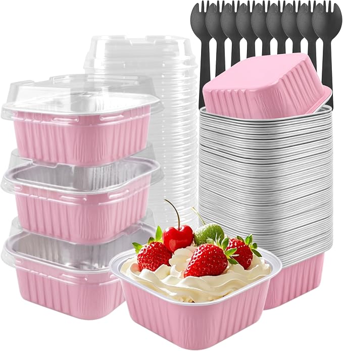 50 Pack 5oz Square Mini Cake Pans with Lids and Spoons,Aluminum Foil Baking Cups,Disposable Mini Loaf Pans Ramekins for Brownie, Cheesecake, Mousse & Wedding Party Favors-Pink