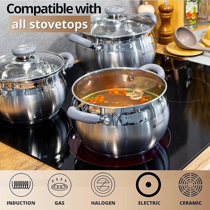 Daniks Modern 3 Quart Stainless Steel Stock Pot with Glass Lid, Tri-Ply Bottom for Even Heating, Induction Compatible, Dishwasher Safe, Heatproof Handles