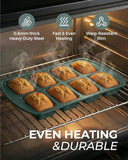 CARTMAN 2-Pack 8-Cavity Mini Loaf Pans Set with Spatula & Brush – 15.5” x 10” Nonstick Carbon Steel Small Bread Pan for Banana Bread, Meatloaf & Keto Snacks Sage Green