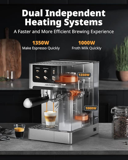 AIRMSEN 20 Bar Espresso Machine with Automatic Milk Frother, Cappuccino & Latte Coffee Maker with Quick Brew Dual Boiler (1350W + 1000W), Stainless Steel, 60oz Water Tank, Touchscreen