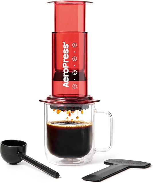 AeroPress Clear Red Coffee Press - All-in-One French Press, Pour-Over & Espresso Style Manual Brewer, 2 Min Brew for Less Bitterness, More Flavor, Small Portable Coffee Maker, Travel & Camping