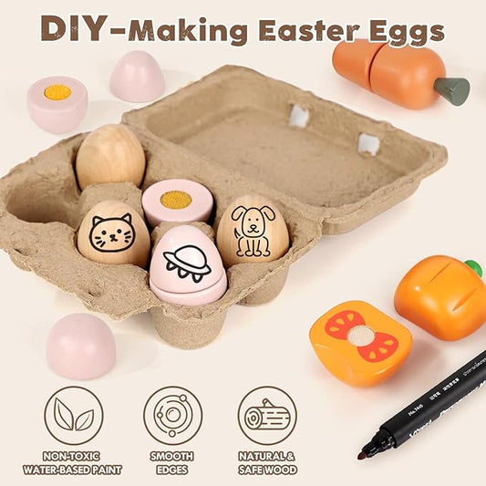 Lehoo Castle Wooden Play Food Sets for Kids Kitchen, Food Toys for Toddlers 1-3, Pretend Food Play Kitchen Accessories, Cutting Fruits Vegetables Cooking Toys Gift for Boys Girls 3 4 5 +