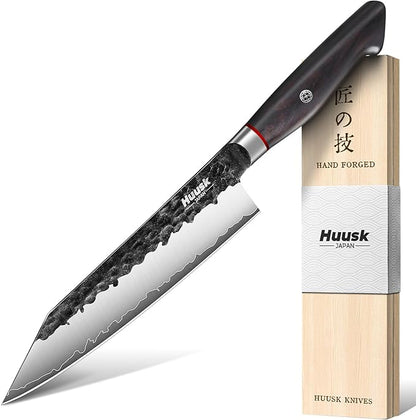 Huusk Kiritsuke Japanese Chef Knife - Hand Forged Japanese Knives with VG10 Steel Core, Ergonomic Handle 8 inch Kitchen Knife for Meat Sashimi Vegetable, Elegant Gift Box, Pro Chef's Choice