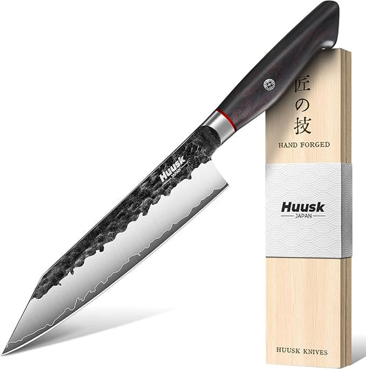 Huusk Kiritsuke Japanese Chef Knife - Hand Forged Japanese Knives with VG10 Steel Core, Ergonomic Handle 8 inch Kitchen Knife for Meat Sashimi Vegetable, Elegant Gift Box, Pro Chef's Choice