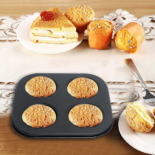 4 Cup Muffin Pan Mold - Non-Stick Cupcake Baking Tray/Tin - Carbon Steel Cake Mould For home, cafe bar and restaurant (Black)