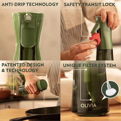 OLIVIA SIGNATURE Advanced Kitchen Oil Sprayer with Flairosol Technology, Fine Mist & Portion Control, Refillable Glass Olive Oil Cooking Spray Bottle for Air Fryer, Salad, BBQ, 200ml (Green, Gold)