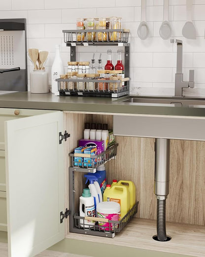 Under Sink Organizer Storage for Families: Pull Out Storage Undersink Organizers Drawer Cabinet - Sliding 2 Tier Rack Metal Organization Under Counter Kitchen Bathroom for Homemakers(Gray,1 Pack)