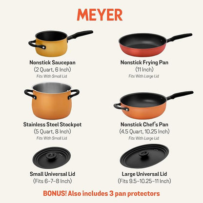 Meyer 6pc Stackable Set with Universal Lids | Hard Anodized Non Stick and Stainless Steel Pots and Pans | Induction Compatible | Dishwasher Safe | Oven Safe | Red, Orange, Yellow | Accent Cookware