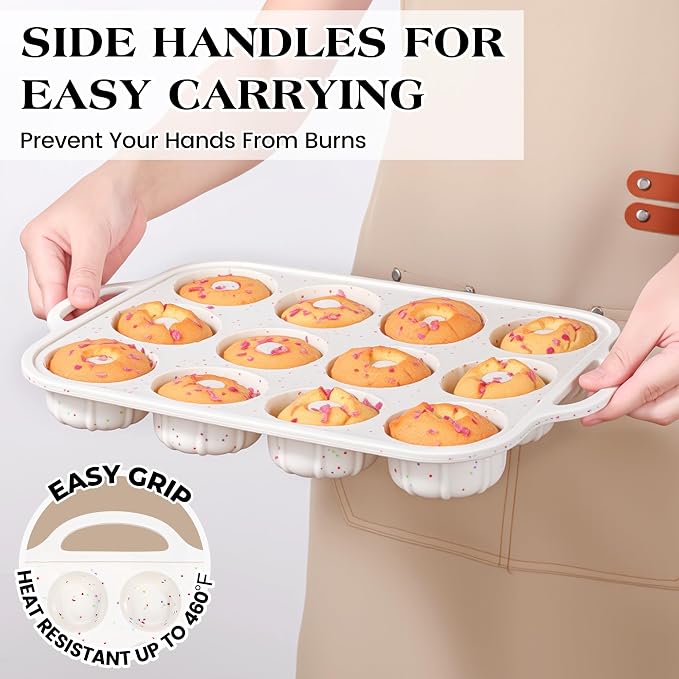 3 Inch Silicone Mini Fluted Tube Cake Pans with Metal Reinforced Frame, 12-Cavity Non-Stick Mini Flan Molds for Daily & Holiday Desserts (1 Pack)