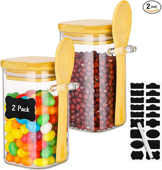 Glass Jars with Bamboo Lids and Spoons - 2 Pack 8 Fl.oz Square Glass Spice Jars with Lid, Small Food Canister Stackable Pantry Container for Honey Jam, Seasoning, Tea, Coffee and Sugar